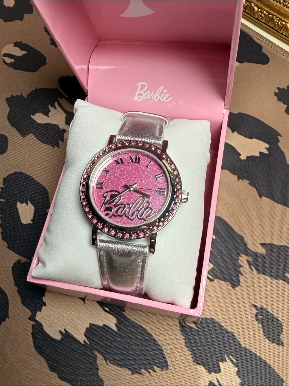 Barbie Pink Glitter Rhinestone Analog Watch Silver Band w/ Box